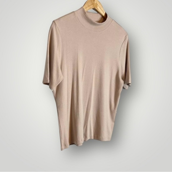 Joie Mock Neck Short Sleeve Top Size XL Ribbed Fitted Pullover Beige - Picture 3 of 8